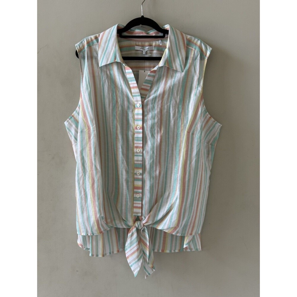 NWT Foxcroft Sz 18W Blouse Button Up Sleeveless Tie Front Striped Linen $98